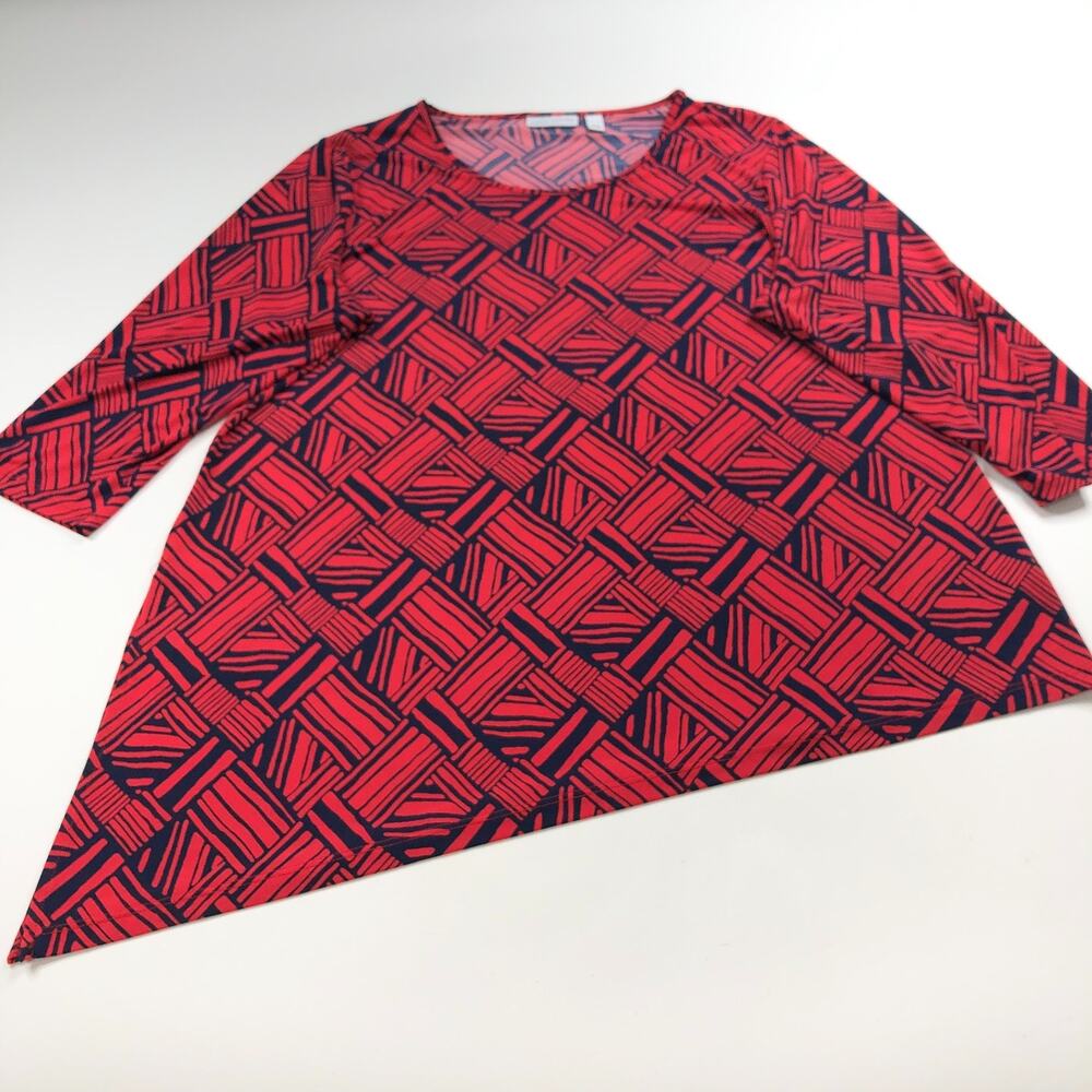 Susan Graver Womens XL Long Sleeve Asymmetrical Pullover Top Blouse Red Blue